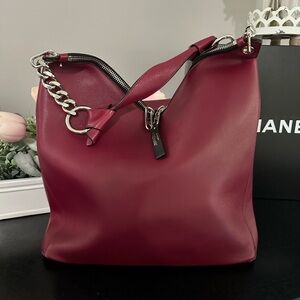 JIMMY CHOO Burgundy Napa Leather Raven Silver Chain Shoulder Hobo Bag